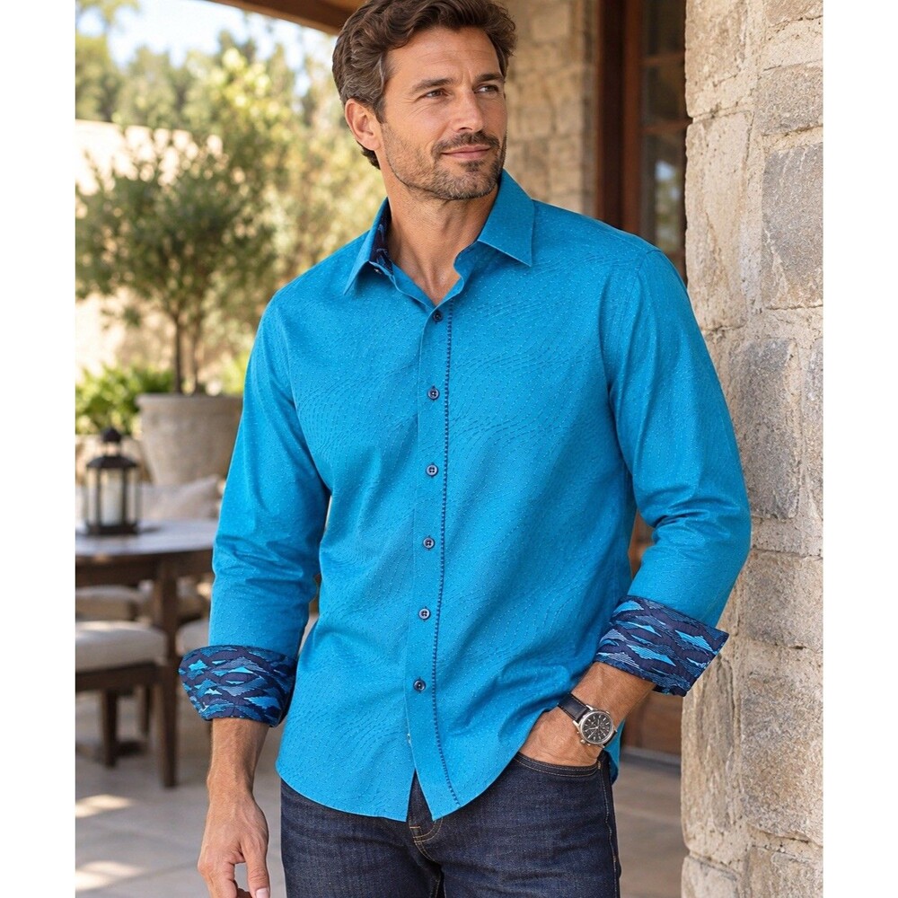 Robert Graham Men’s L Blue Teal Flip Cuff Embroidered Button Down Dress Shirt